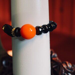 Handmade Black Orange Beaded Bracelet Stretch Crystal Goth Halloween Statement‎
